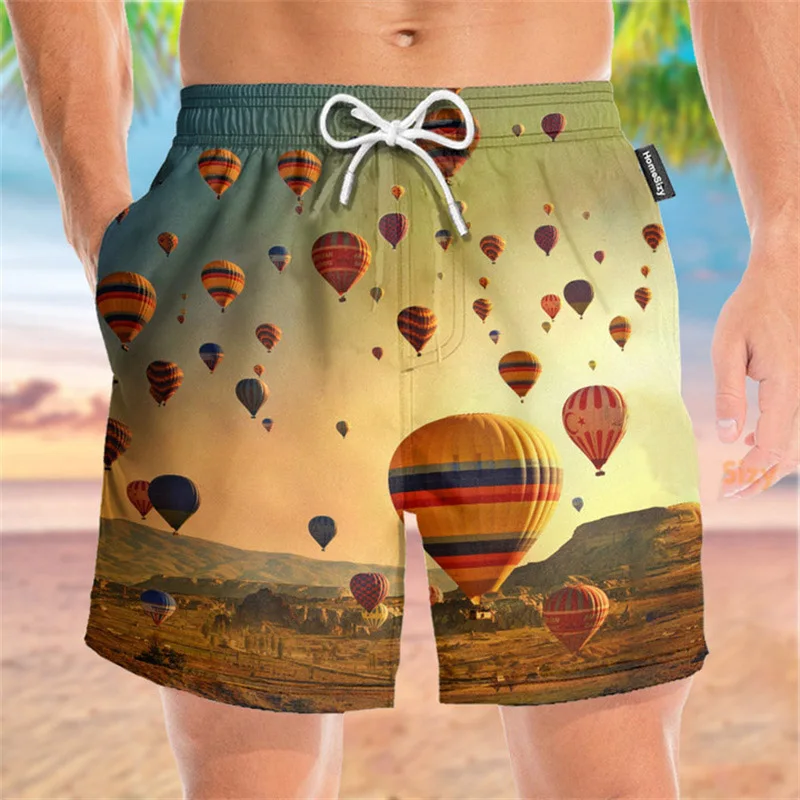 Hot Air Balloon 3d  Men's Shorts West Cowboy Printed Swim Trunks  Street Boy Beach Short Pant Harajuku Breathable Shorts Male