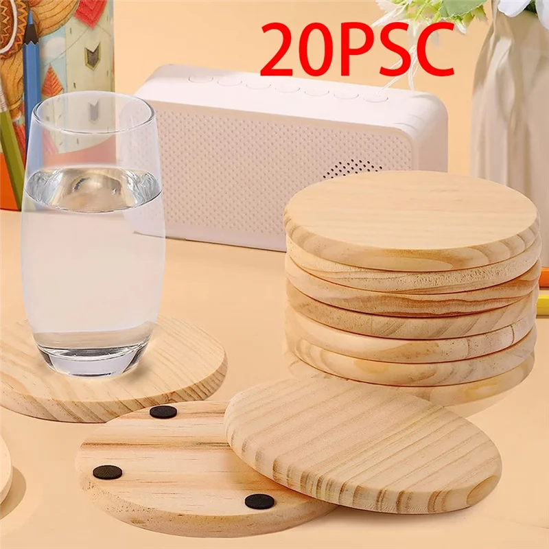 

XFDE 20Pcs Unfinished Wood Coasters, 4 Inch Round Blank Wooden Coasters for Crafts with Non-Slip Silicon Dots