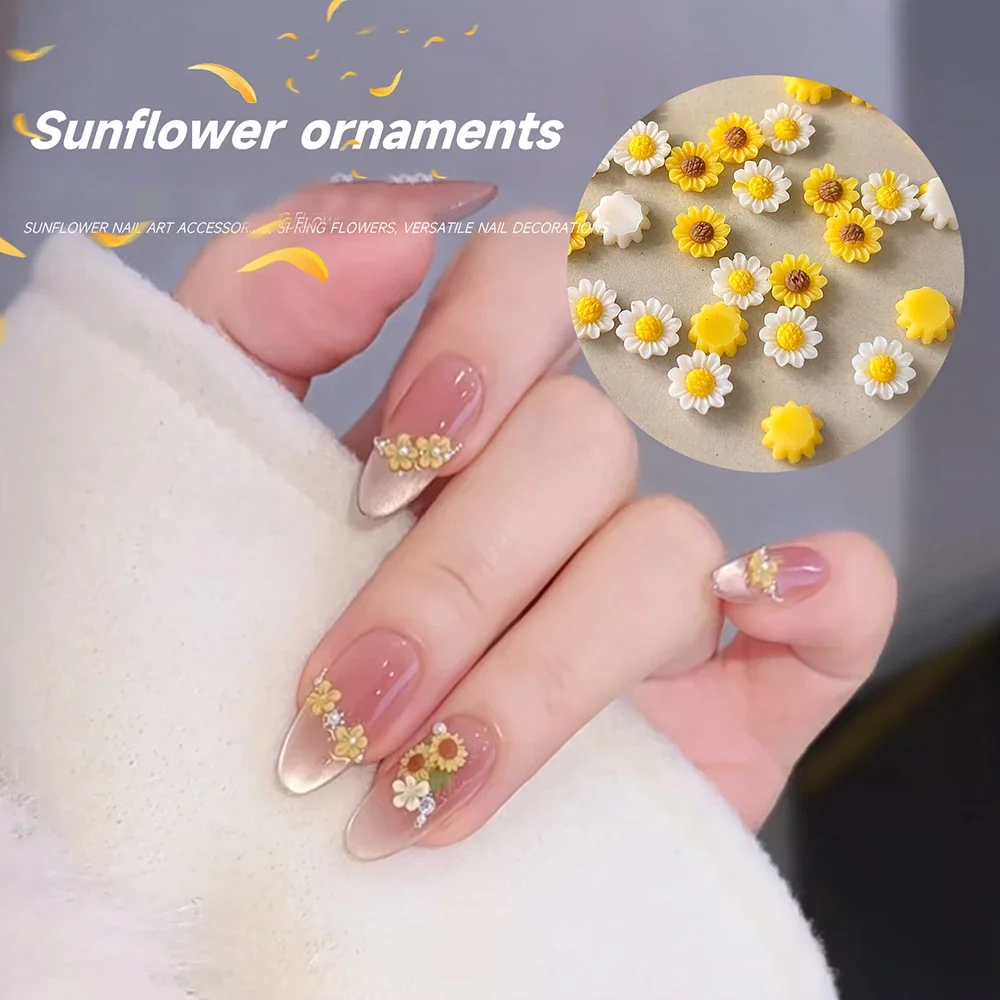 100 Stück Gemischte Farben Gänseblümchen Nagelkunst-Charms Flache Rückseite Gelbe Blumen Nagelsteine Gänseblümchen Sonnenblumen Maniküre-Edelsteine Florale Charms – Detail 1