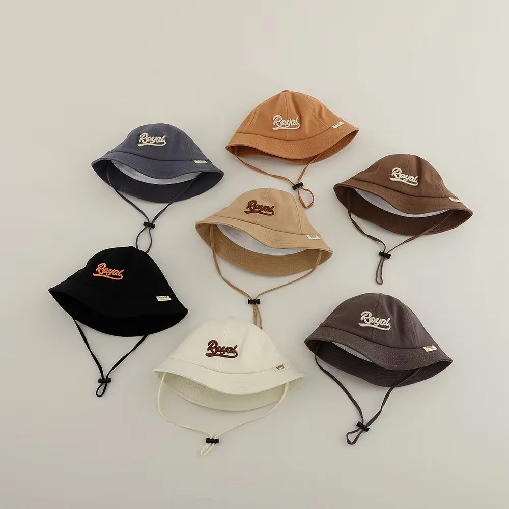 

New Embroidered Letter Bucket Hats Solid Color Cotton Sunhat Fishing Hat Beach Cap 6-24M