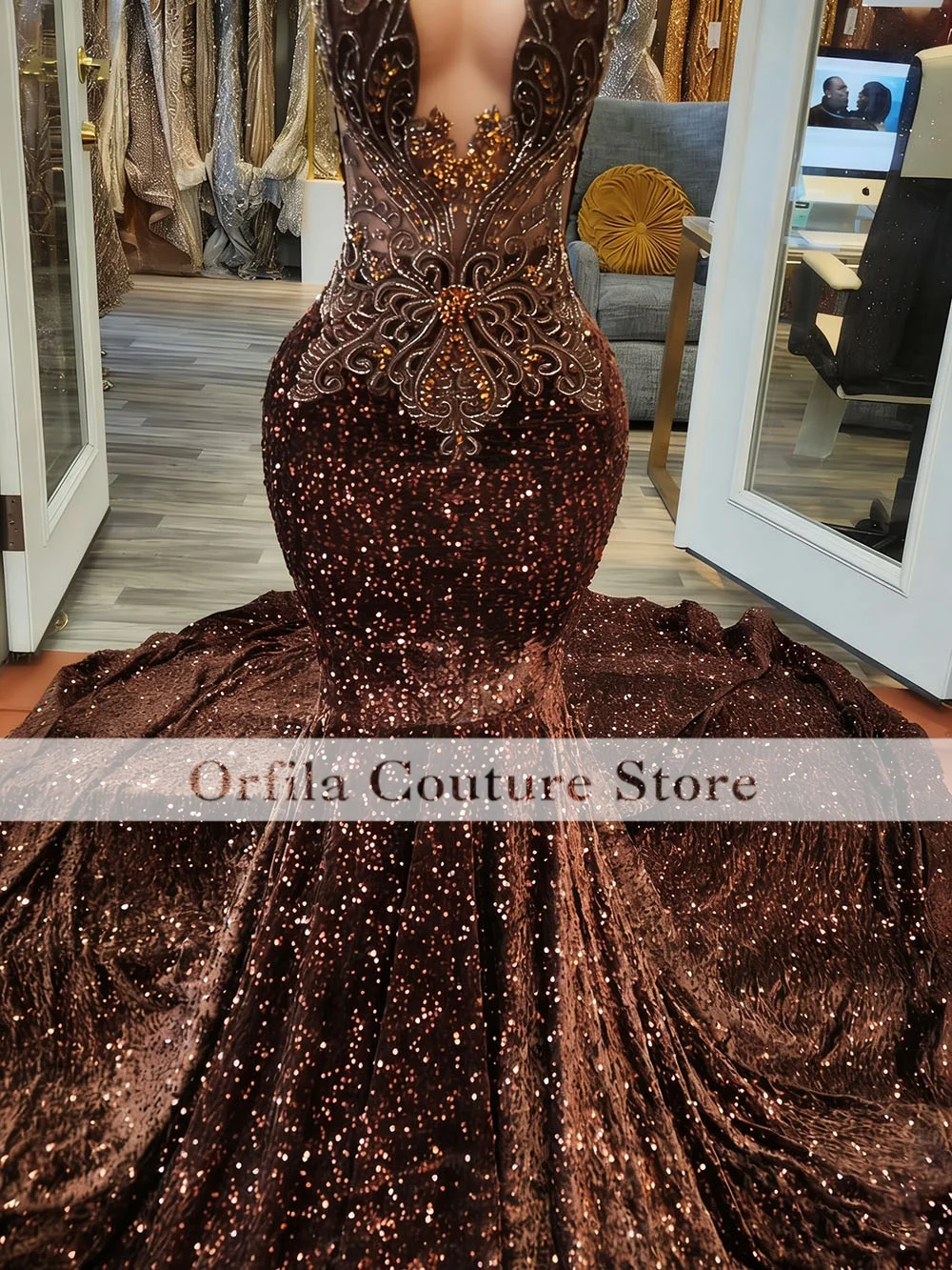 Fitted Mermaid Brown Prom Dresses 2026 Luxury Diamond Black Girls Party Gowns Sequin Evening Dress Customized