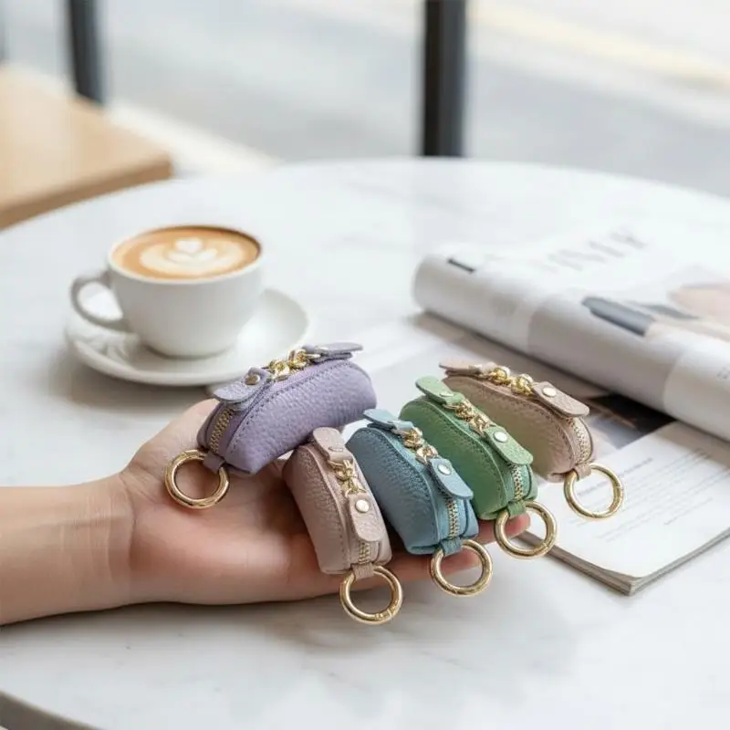 Mini Leather Coin Purse With Key Ring Minimalist Zipper Pouch For Men Women Small Portable Leather Change Holder