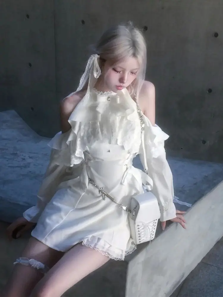 NONSAR สไตล์ญี่ปุ่น Y2k Lolita Bow สั้นสีขาวชุดผู้หญิงหวานลูกไม้ปิดไหล่ Slim Party Mini Dress