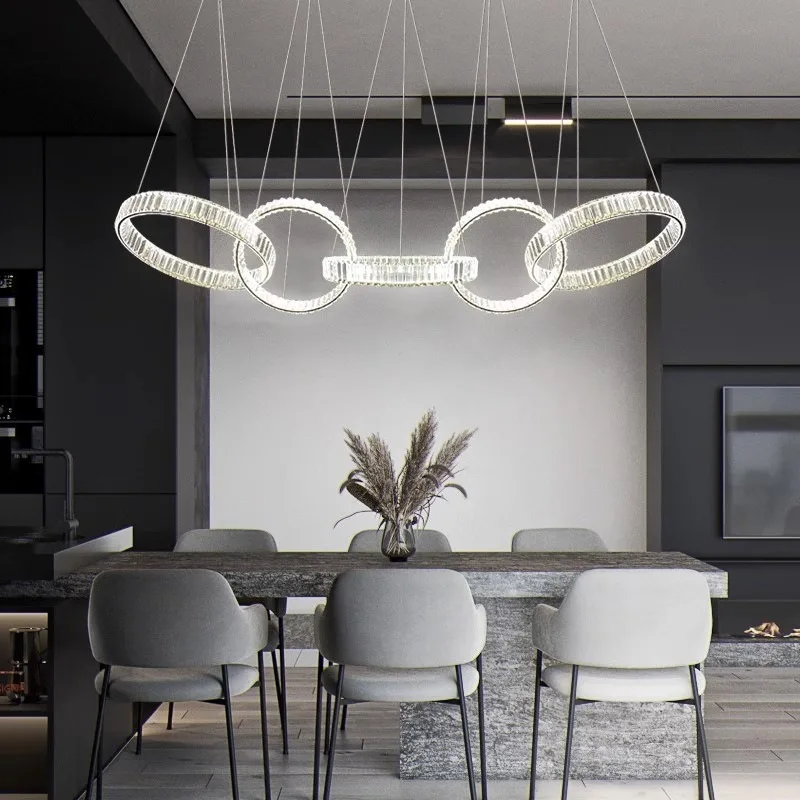 Restaurant Crystal Chandelier Gold Light Luxury Creative Five Ring Chandeliers Long Dining Table Lamp LED Minimalist Pendant