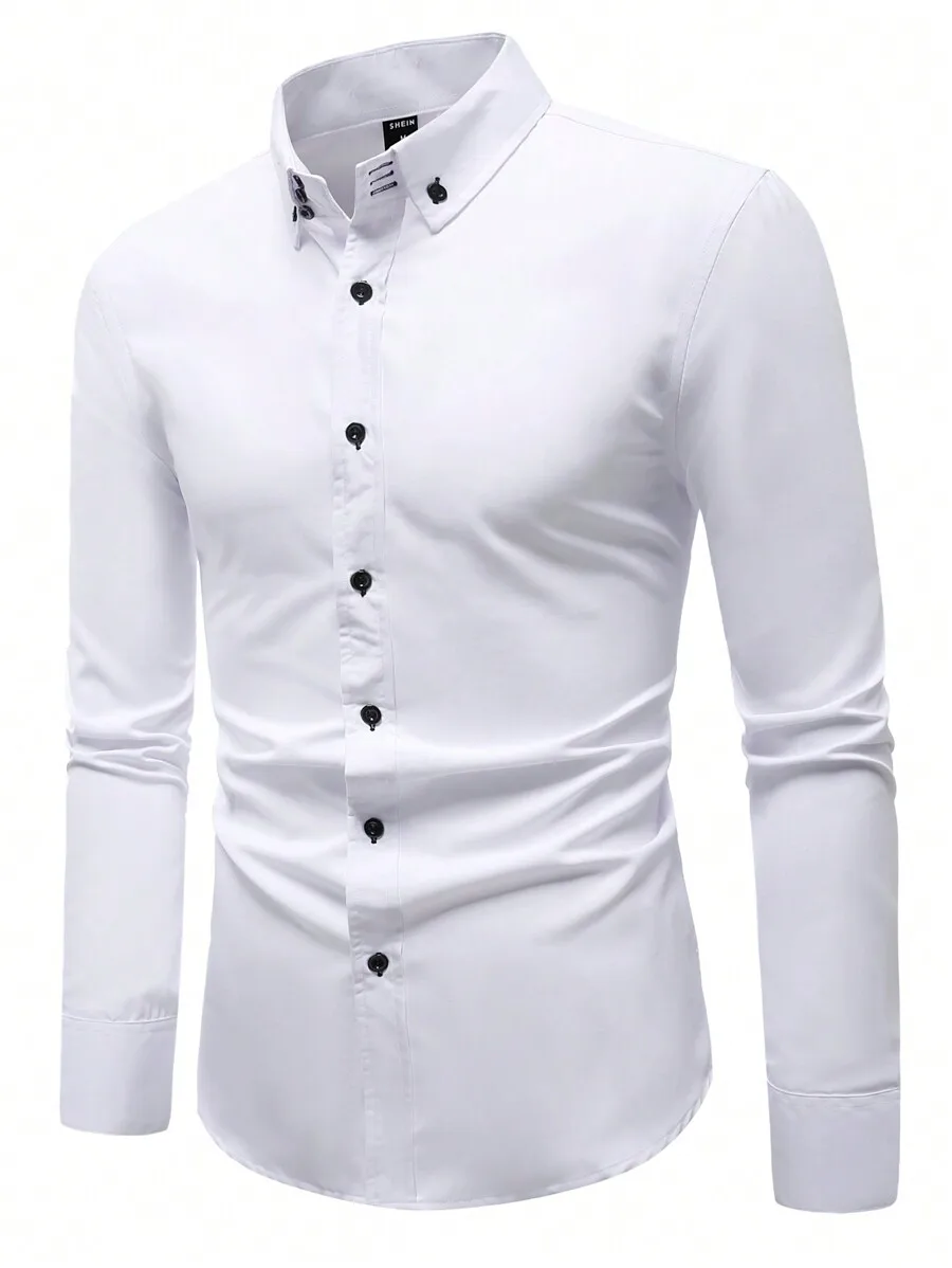 

Men's White Solid Regular Fit Long Sleeve Button-Front Casual Shirt