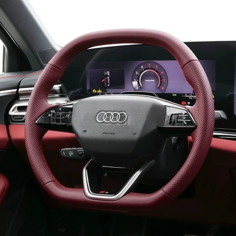 

Hand Stitched Burgundy Genuine Leather non-slip car Steering Wheel Cover For Audi E-tron RS GT Q5 2024 2025 2026