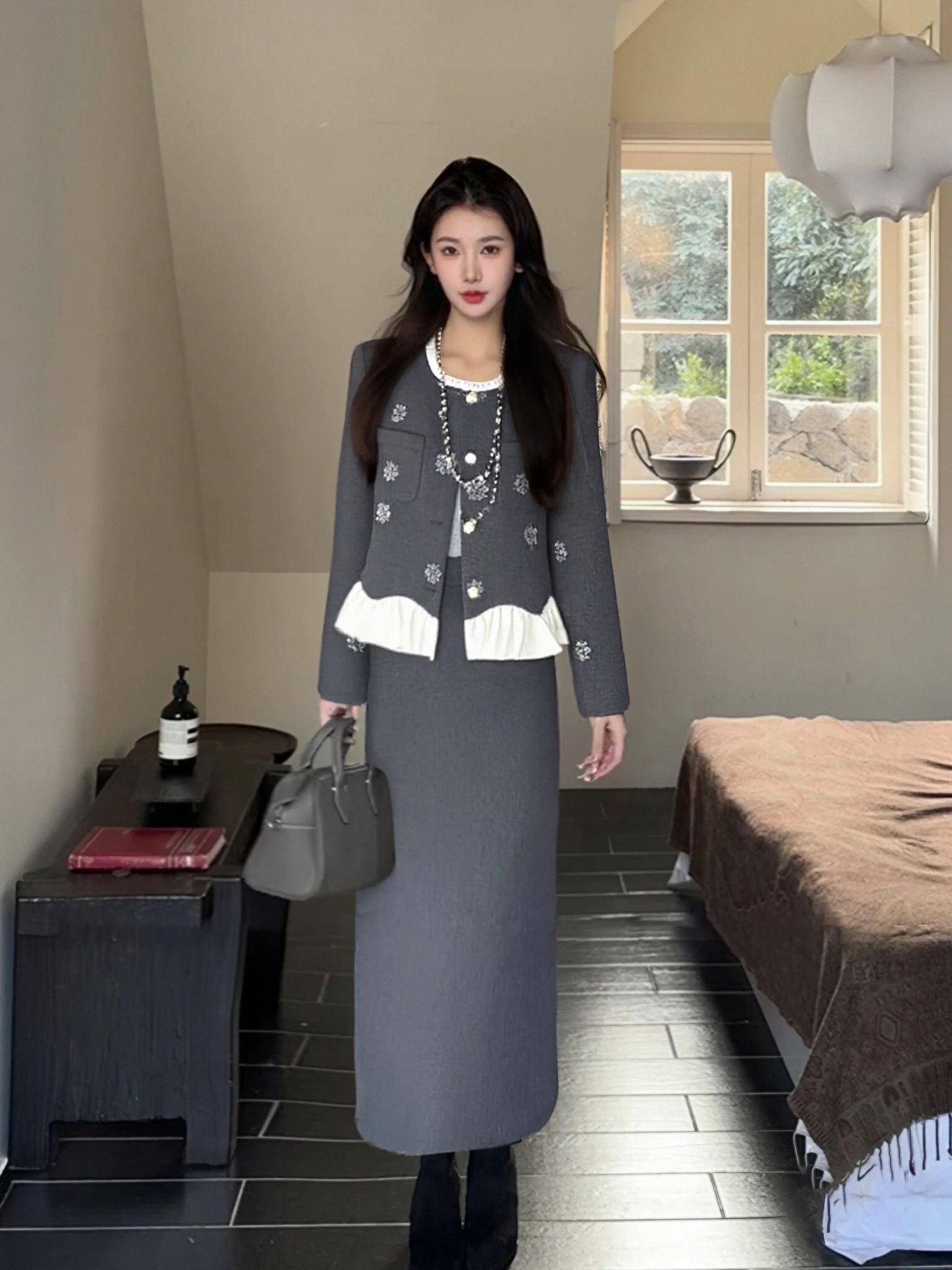 

Модный комплект из двух предметов с цветочным принтом: длинная юбка и верхняя одежда, осенняя коллекция JT007A, женский ансамбль премиум-класса