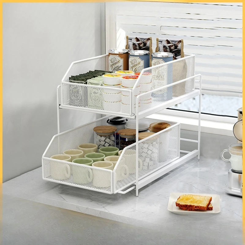 Multi-layer pull-out basket desktop cup storage rack side cabinet tea cup placement frame