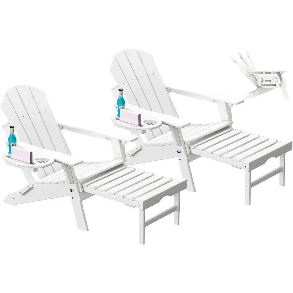 

Adjustable Adirondack Chair with Retractable Ottoman Set of 2, HDPE Folding Adirondack Chair with Cup Holder, All Weather Fire P