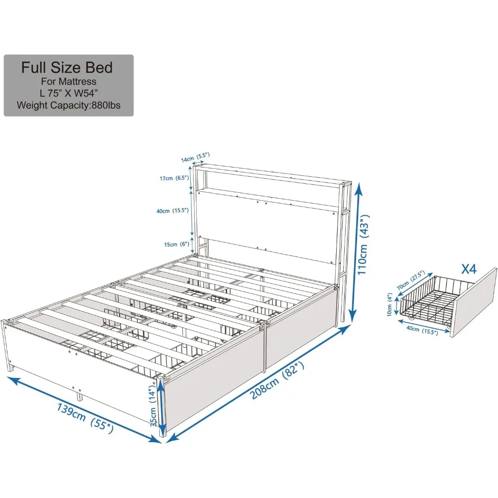 Full/Queen Size Bed Frame with 4 Storage Drawers and Headboard, 2 Tier Shelves Headboard Storage, Noise Free,Vintage Brown