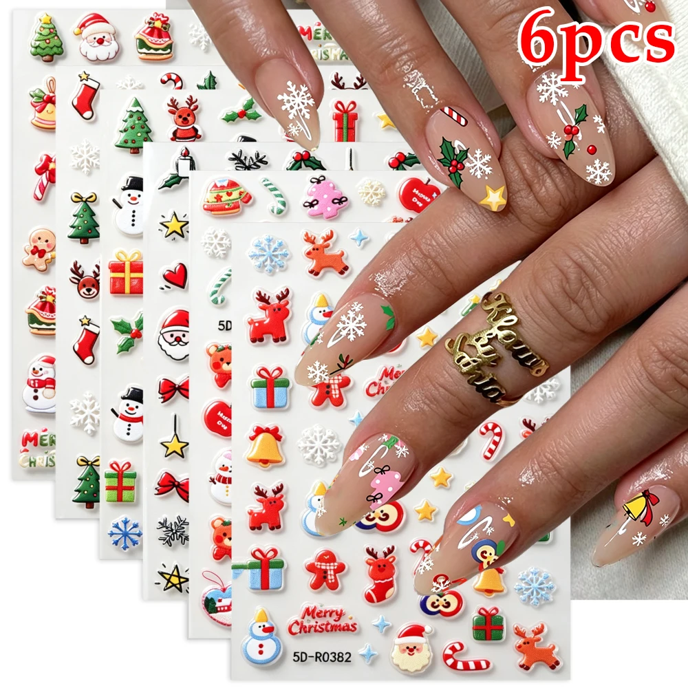 6‑Sheets Christmas 5D Nail Stickers, Santa Reindeer Snowman Gingerbread Man Self‑Adhesive Decals, Winter Xmas Nail Art DIY Decor