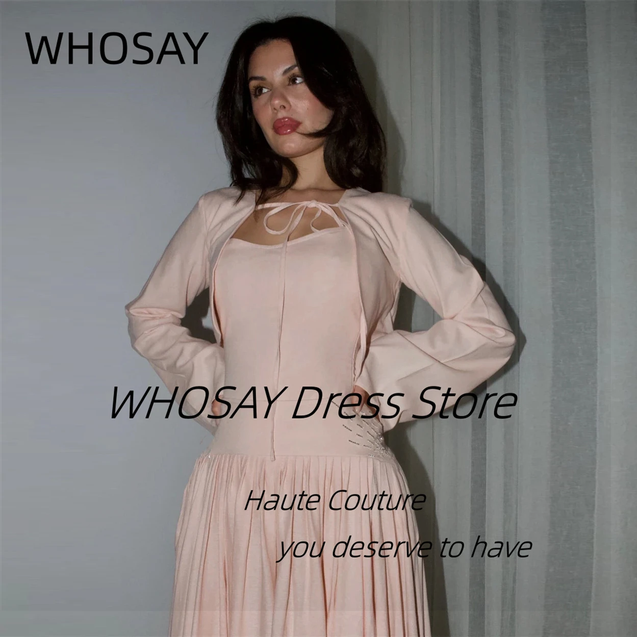 WHOSAY Robes De Soirée Customized Saudi Party Women Wear Long Sleeves Prom Dresses Beading Sash Wedding Banquet Evening Gowns