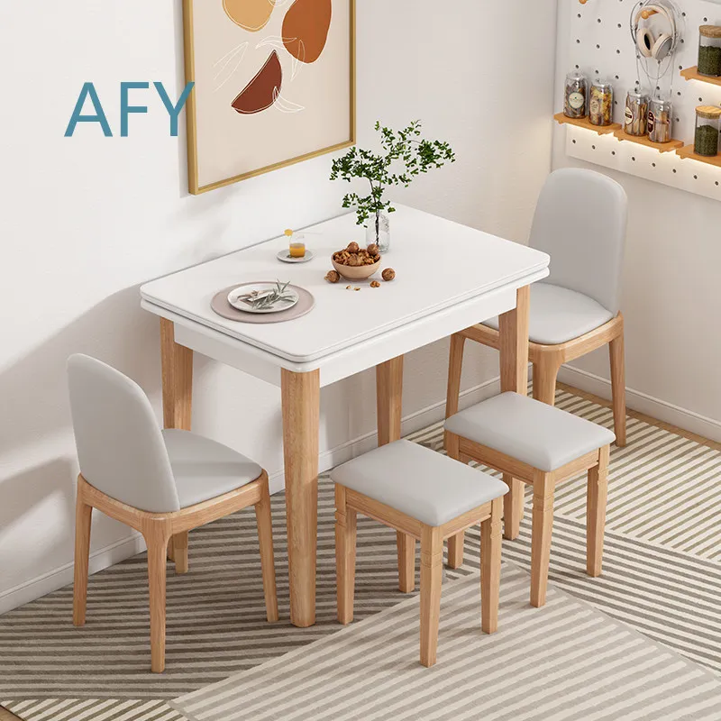Solid Wood Rock Slab Folding Dining Table and Chair Set for Small Apartment Retractable Extendable Dining Table Chair Combo