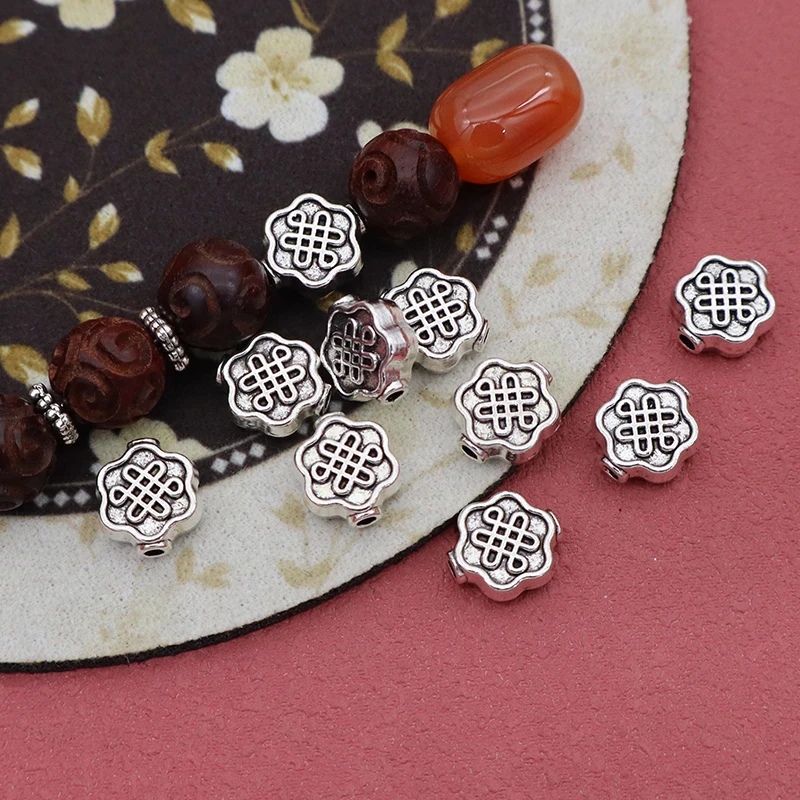 Lote de 20 piezas de cuentas metálicas con forma de nudo chino étnico y flor, 10x9mm, separadores de borlas para pulseras/collares, accesorios de joyería DIY