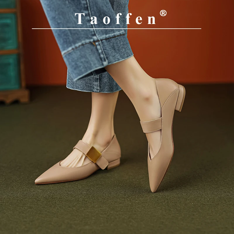 Taoffen Casual Women\'s Flat Shoes Genuine Leather Metal Decoration Pointed Toe Shoes Comfortable Slip On Footwear Office Pumps