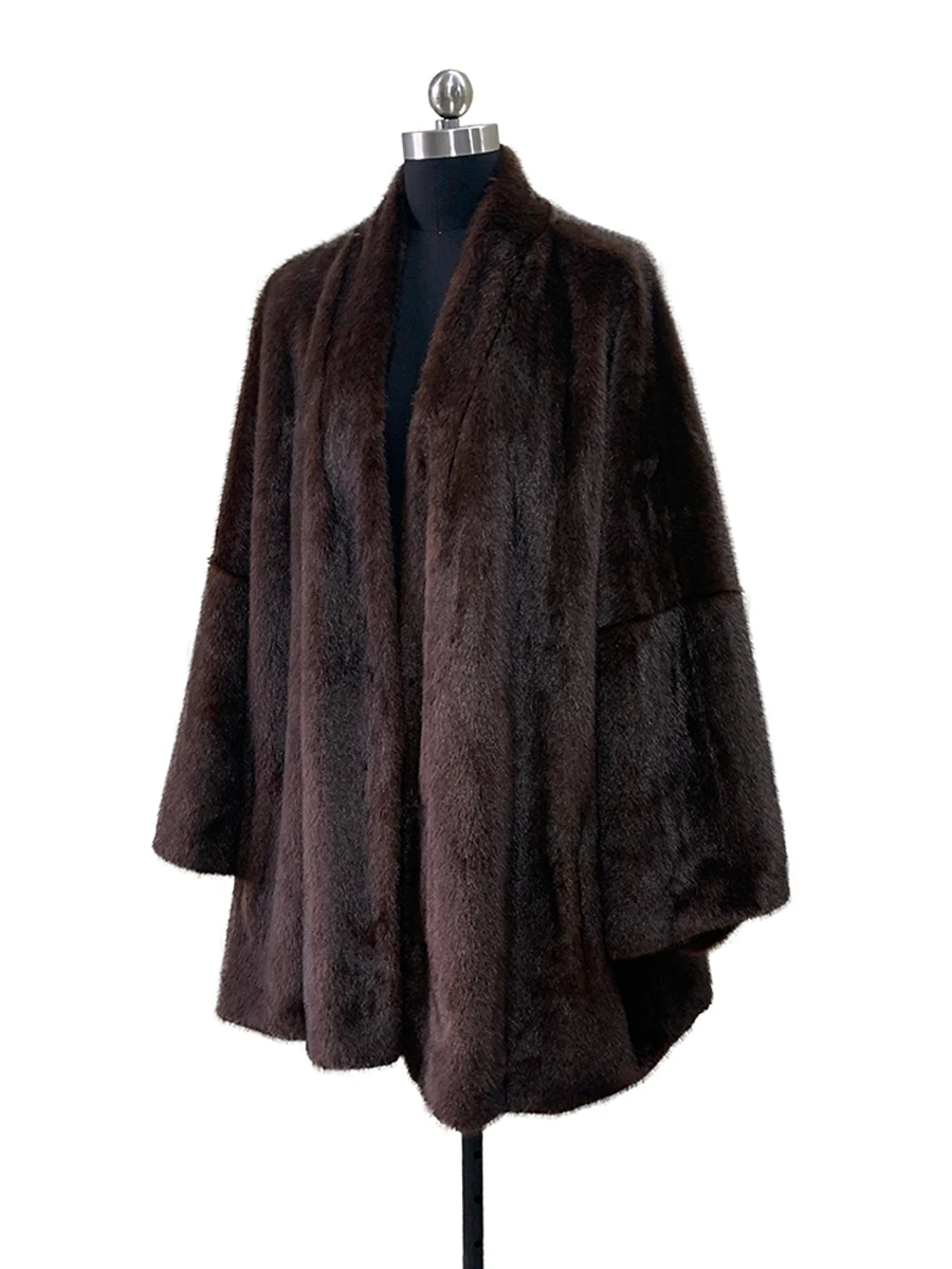 Nerazzurri Autumn Winter Brown Oversized Thick Warm Fuax Mink Fur Coat Women V Neck Bat Sleeve Elegant Fluffy jacket Cardigan