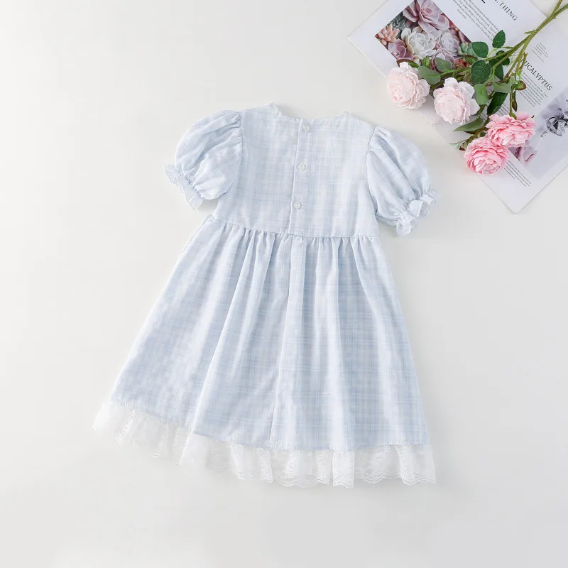 England Style Light Blue Dress for Girls O-neck Embroidery Bow Lace Puff Sleeve A-line Cotton Vestidos 1-6Y Child Mid-calf Dress