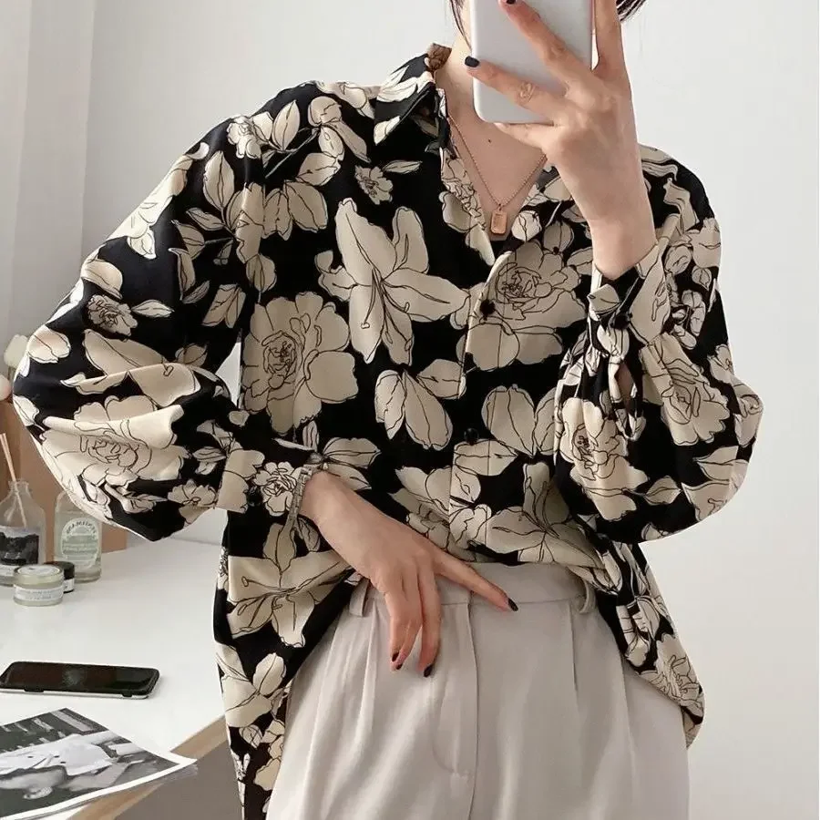 Spring Vintage Printing Turn-down Collar Long Sleeve Women Shirts Femme Fashion Buttons Blouse Women Clothing Literature Loose