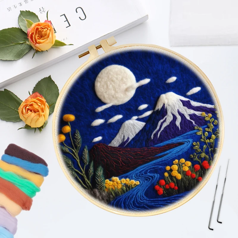 Needle Felting Kit For Beginner Blue Mountain Scenery diy wool felting Kit Wool Needle Felt Set