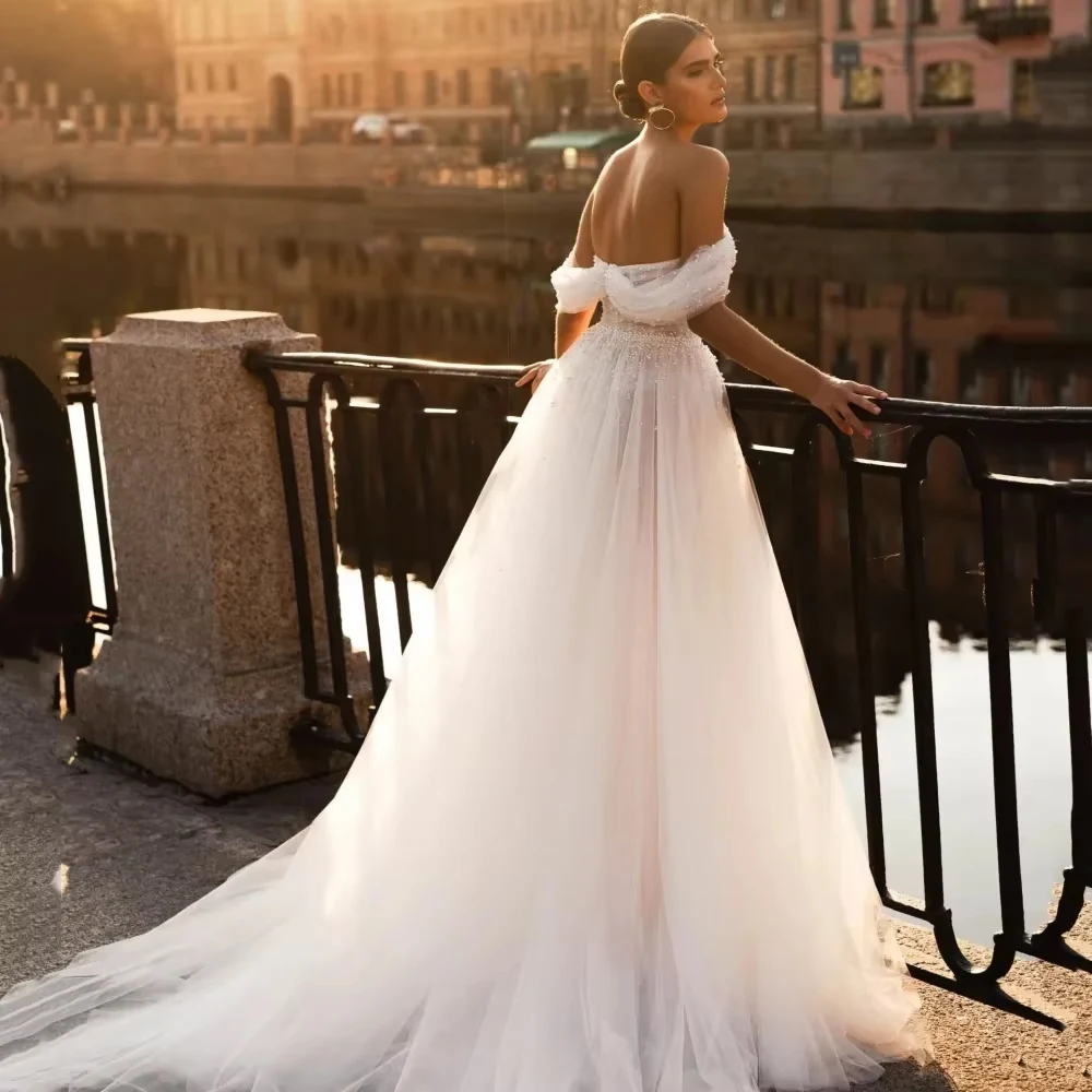 Customized Elegant Tulle  Wedding Dresses For Woman Bride  A Line Sweetheart Pearls Bride Robe Off Shoulder Vestido Bridal Gown