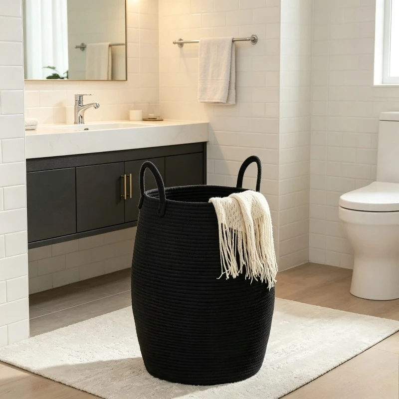 

1pcs Bohemian Storage Basket Handwoven Cotton Rope Organizer for Bedroom & Bathroom - Decorative Storage Bin Toy Laundry Hamper