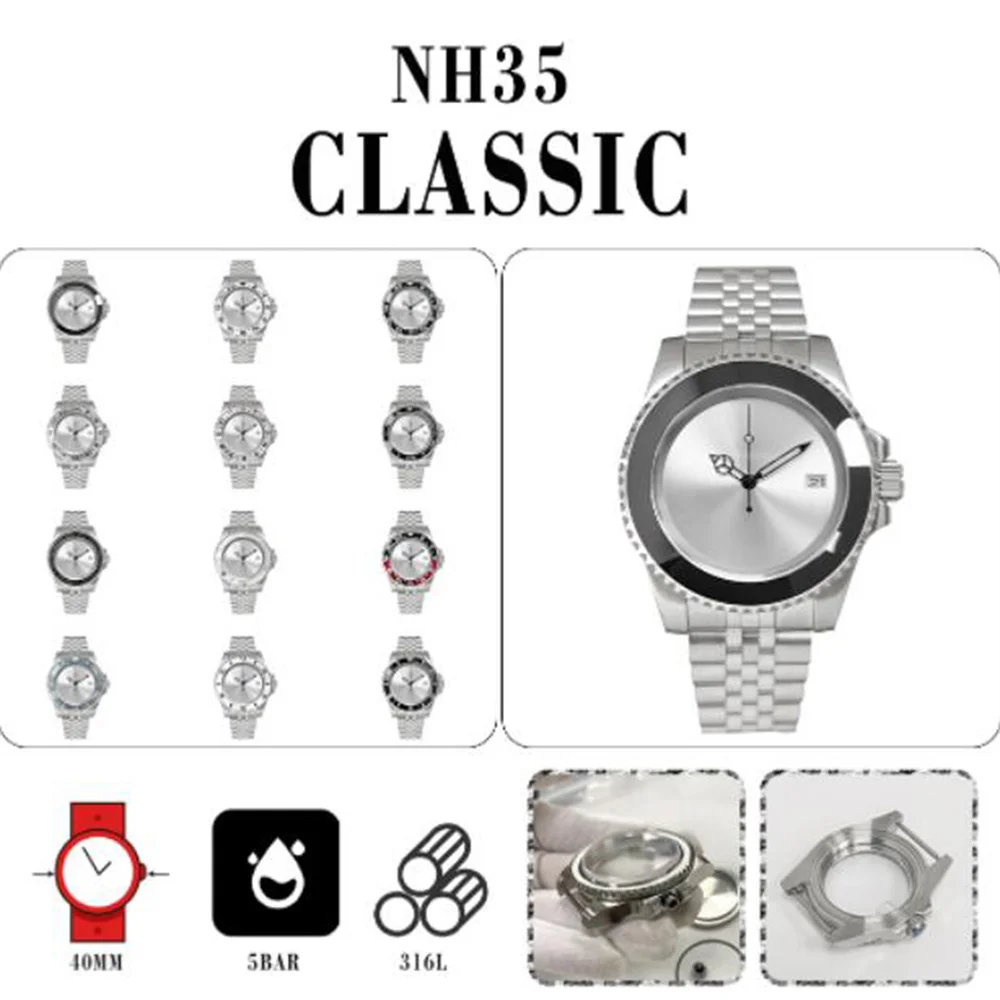 

NH35 Movement Men Mechanical Watch 40MM 316L Case Jubilee Strap Sapphire Glass Silver Single Calendar Dial 38mm GMT/SUB Bezel