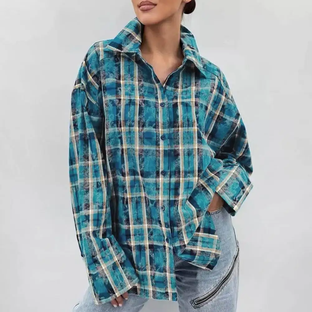 

Women Lapel Collar Shirt Stylish Women's Plaid Print Shirt Jacket For Casual Daily Wear Retro Long Sleeve Lapel Top With Single