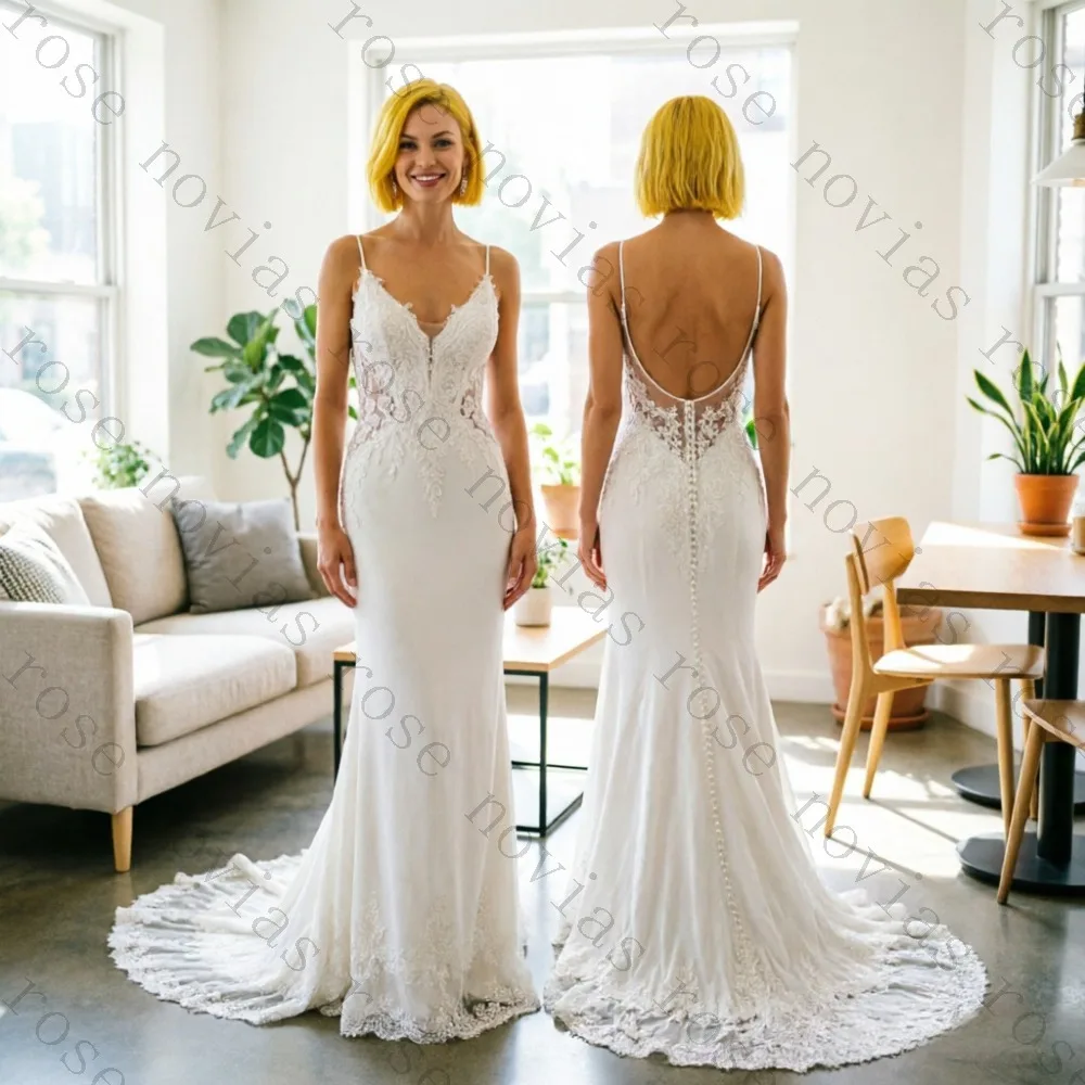 Customized Spaghetti Strap Lace Mermaid Wedding Dress 2026 Sexy V-Neck Backless Bridal Gown Long Train Satin Sheath Beach Style