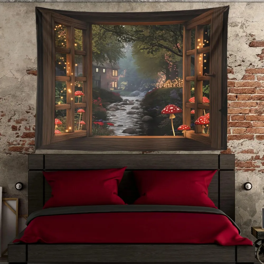 VIKAMA False Window Magic Forest Tapestry Dreamy Mushroom Stream Living Room Atmosphere Background Cloth Room Decoration