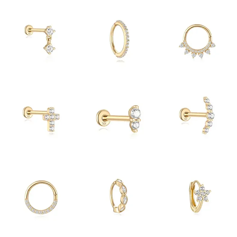 KO 14K Pure Gold Earring Women Classic Light Luxury Geometric Crescent Zircon Thread clip Piercing earring jewelry plata 925