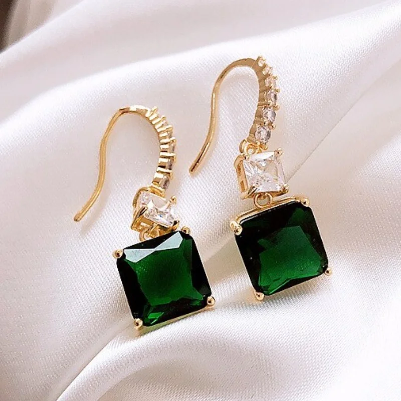 Korean Fashion Square Emerald Dangling Earrings for Women Gemstone Zircon Green Stone Drop Earring Engagement Wedding Jewelry