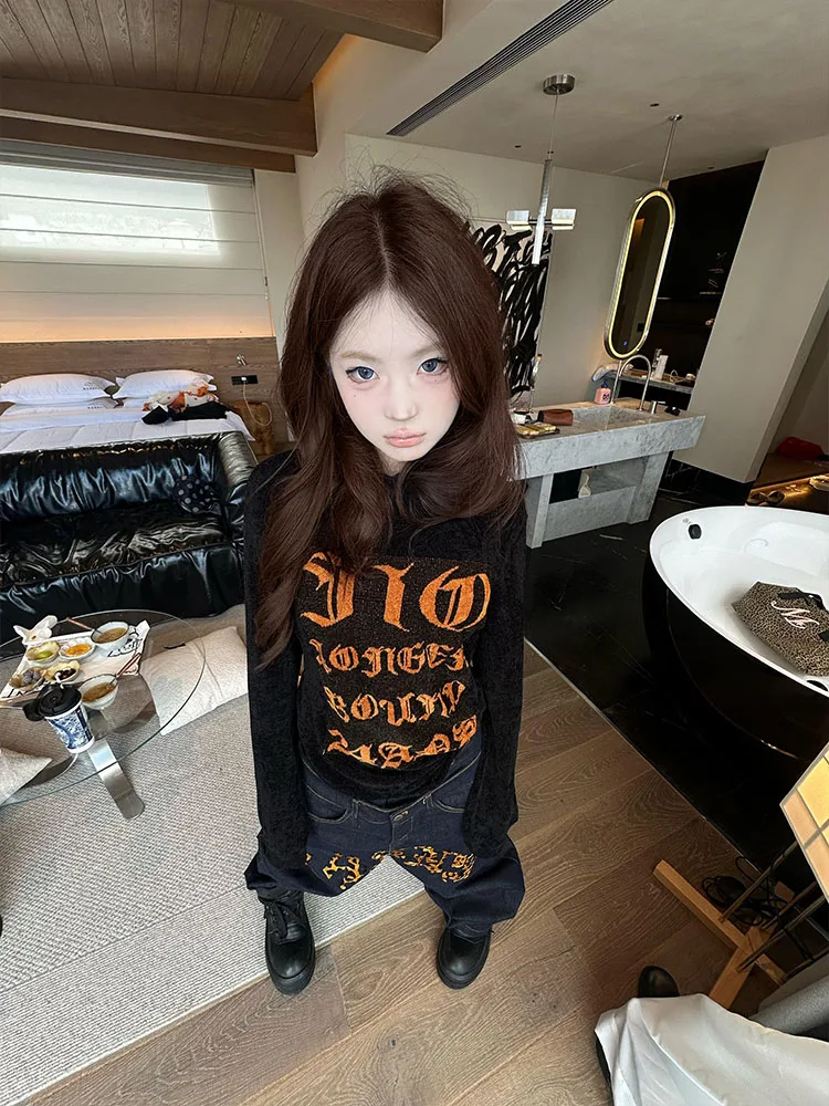 

American High Street Spicy Letter Print Long Sve T-irt Women's Base Layer Top Design Sensation Slim Fit Autumn Wear