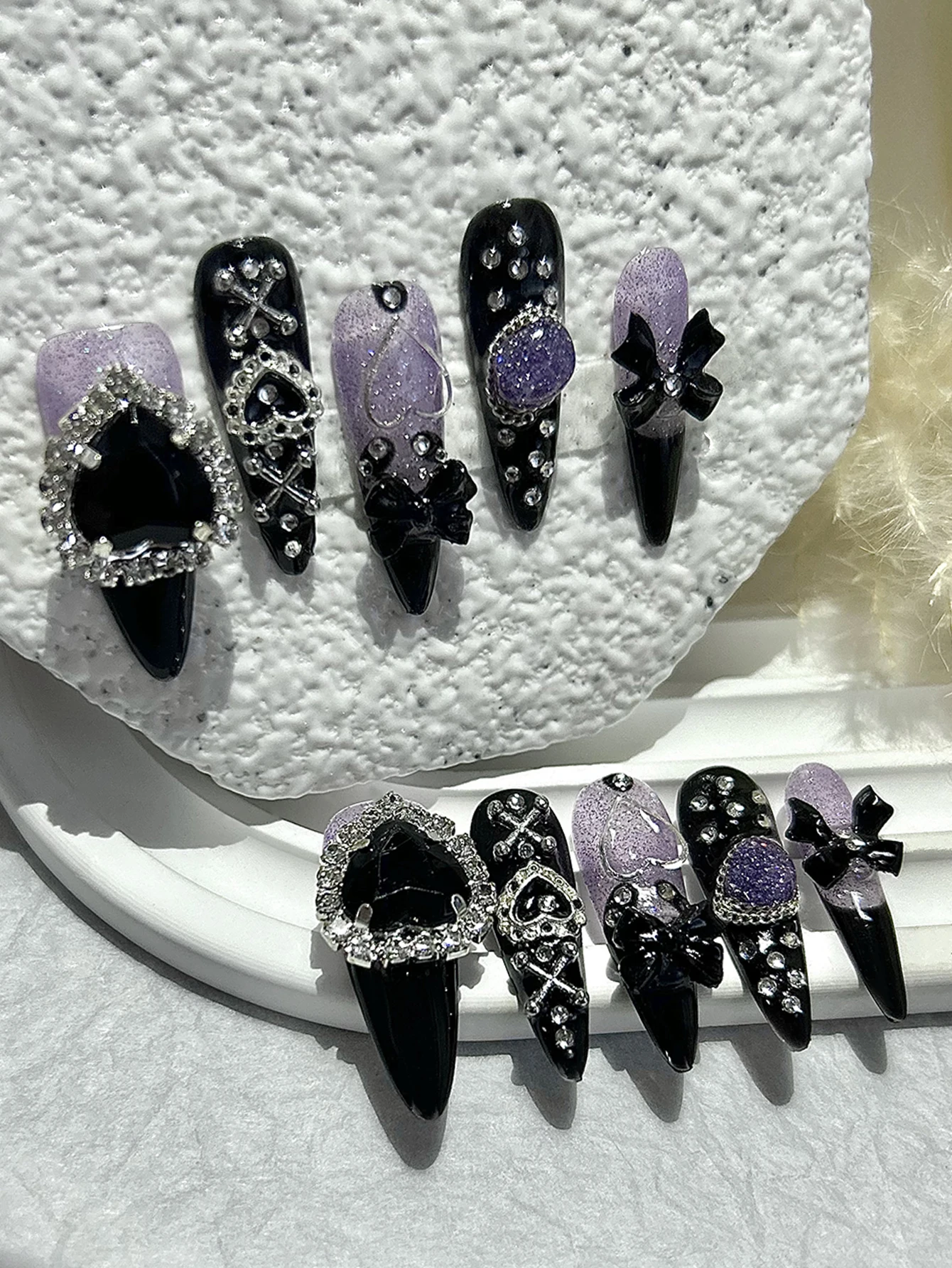 10 Pieces Black Purple Y2k Spice Girls Handmade Press On Nails Luxury Bow Heart Diamonds Fake Nails Removable Reusable