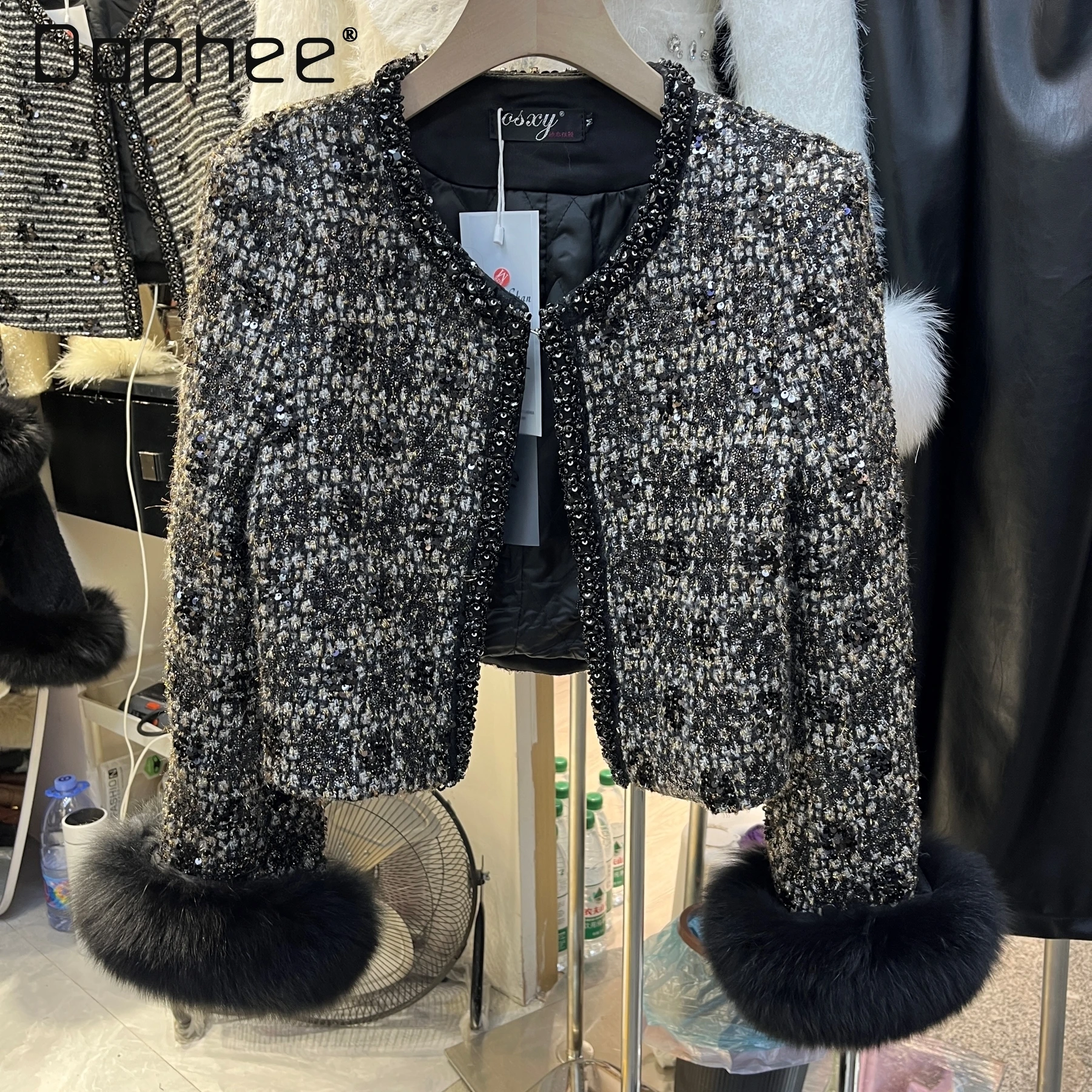 Premium French Celebrity Heavy Industry Sequins Padded Cotton Jackets for Women High End Brightly Silk Woven Tweed Short Jacket