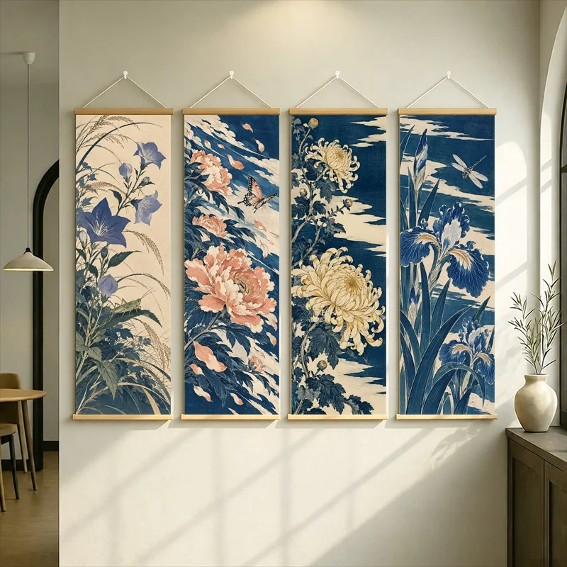 Japanese Ukiyo-e Hanging Scroll with Blooming Flowers and Leafy Stems in Blue, Cream and Peach Botanical Colors for a Bedroom
