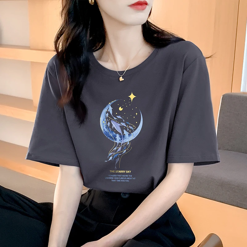 Elegant Cotton Short Sleeve T-Shirt Women's Summer Fashion Loose Fit Beautiful Print Casual round Neck Top for Ladies