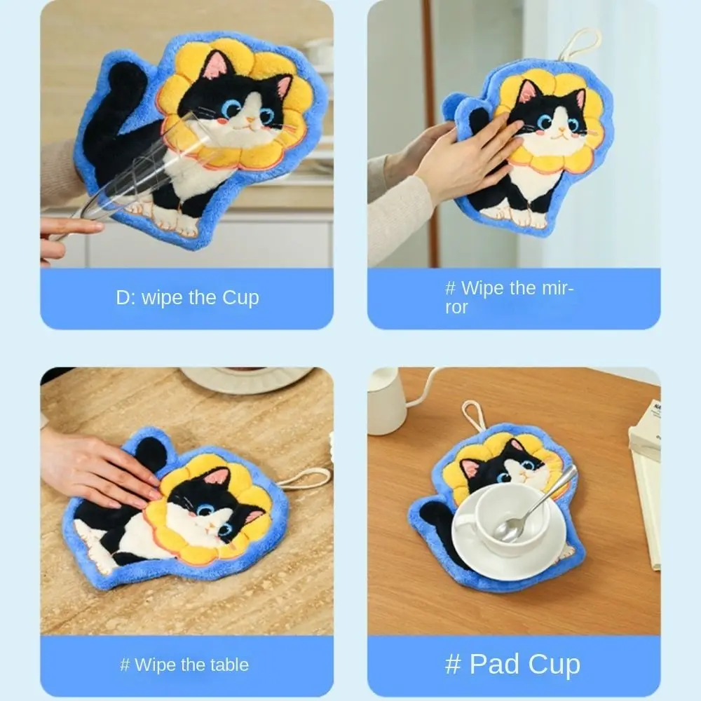 High Quality Cute Cat Hand Towel Soft Coral Fleece Toilet Handkerchief Hanging Style Thickened Washcloth Kitchen