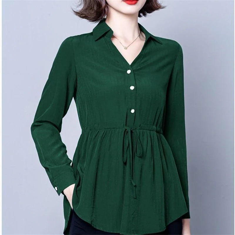 Elegant Chic V Neck Long Sleeve Solid Slim Office Lady Shirts Korean Fashion Lace Up Commute Top Blouse Women Blusas Clothes2023