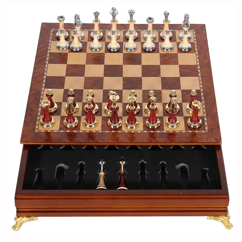 European Style Luxury Chess Set Board Games Weighted Metal Chess Pieces Solid Wood Chessboard Decorative Chess Home Decoration