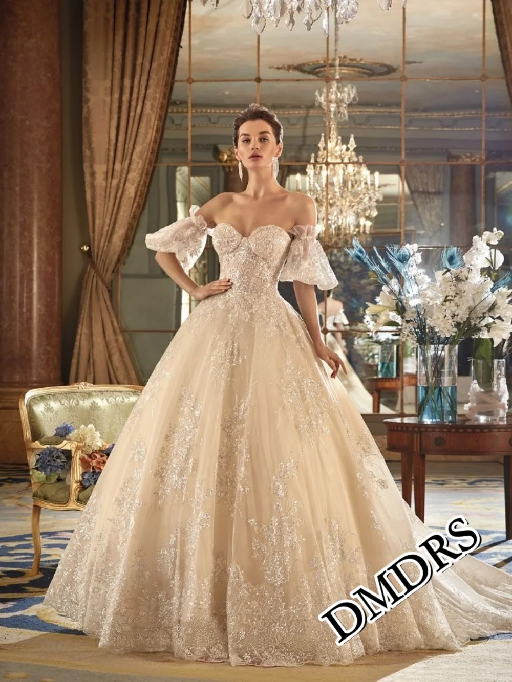 DMDRS Romantisches herzförmiges Hochzeitskleid, klassische A-Linie-Brautkleider, formelle, applizierte, bodenlange Brautkleider, Vestidos De Novi