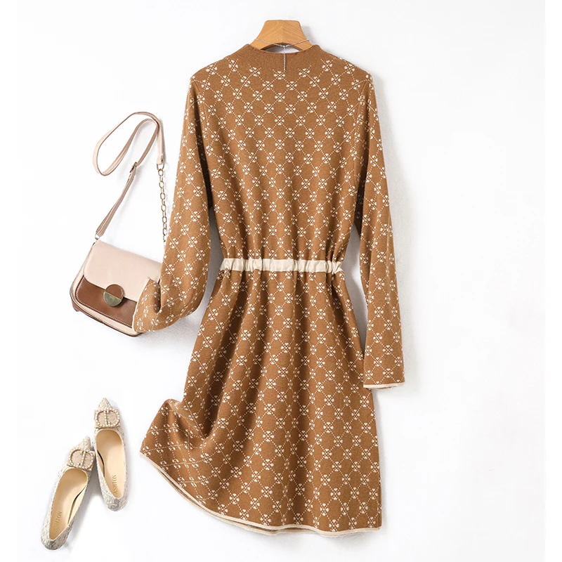 

2023 Autumn and Winter New O-Neck Wool Knitted Sweater Bottom Dress Women's Loose Large Waist Slim Knee Length Wool Dress