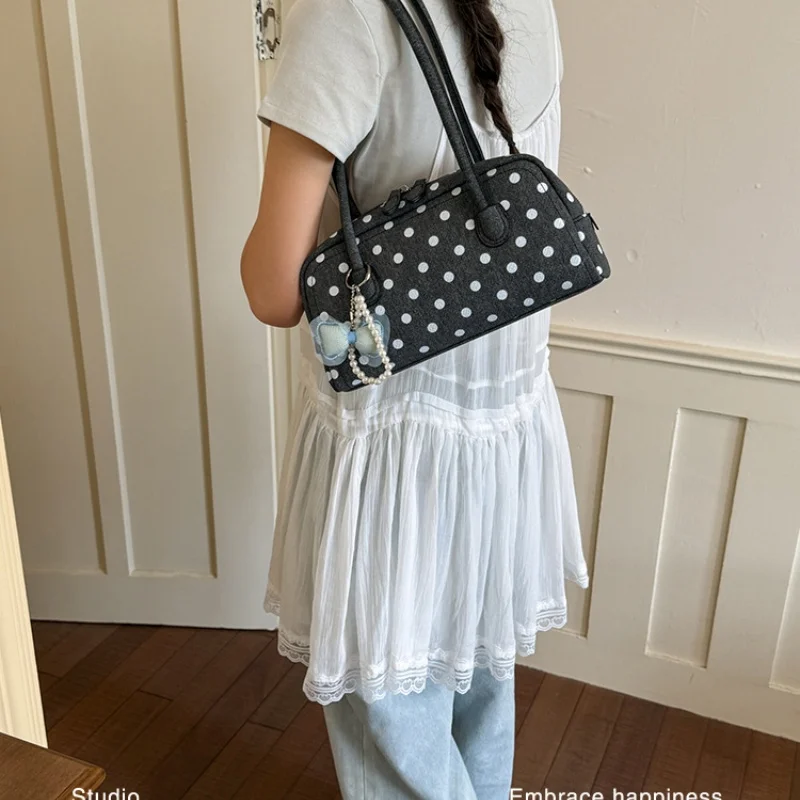 2026 New Polka Dot Mini Boston Shoulder Bag, Elegant Women Long Handle Underarm Handbag With Bow Pearl Pendant For Spring Daily view 6