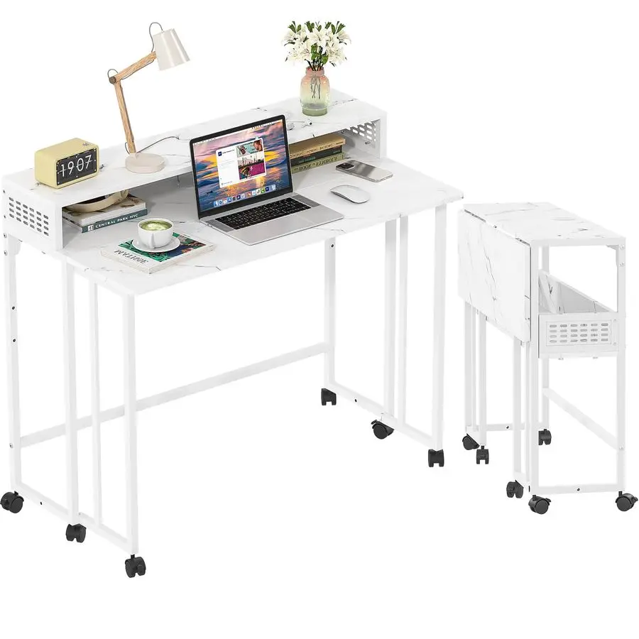 

Folding Desk with Storage Shelf, Mobile Couch Desk Sofa Side Table Bed for Home Office Small Space, White Marble, 31.5