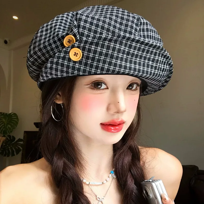Classic Color Matching Check Button Flip Berets for Women Spring and Autumn Travel Leisure Versatile Literary Painter Hats