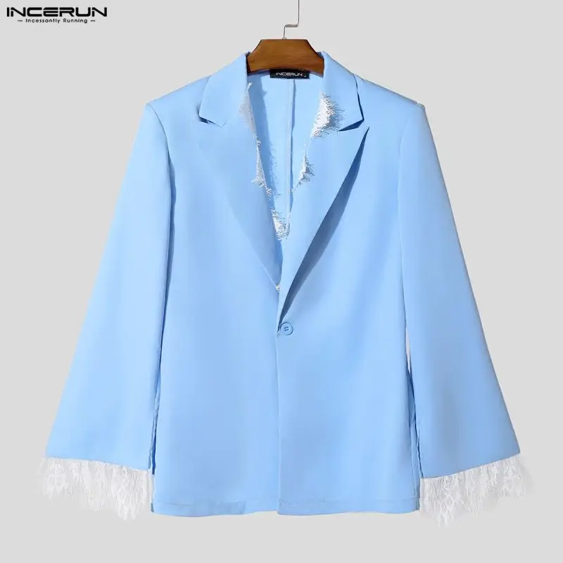 

INCERUN Men Blazer Lace Patchwork Lapel Long Sleeve One Button Male Suit Streetwear Elegant Fashion Casual Thin Coats Men S-3XL