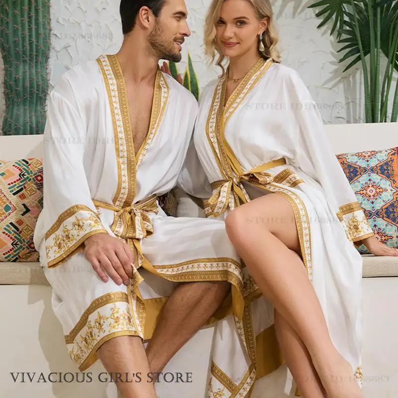 Plus Size Couple Long Robe Spring Summer New Sleepwear Kimono Bathrobe Gown Baroque Style Loose Silk Satin Home Dress LoungeWear