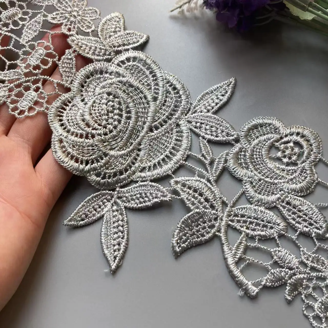 2 yard Gray 12cm Polyester Pearl Flower Embroidered Lace Trim Ribbon Fabric Handmade DIY Wedding Dress Sewing Supplies Craft Hot