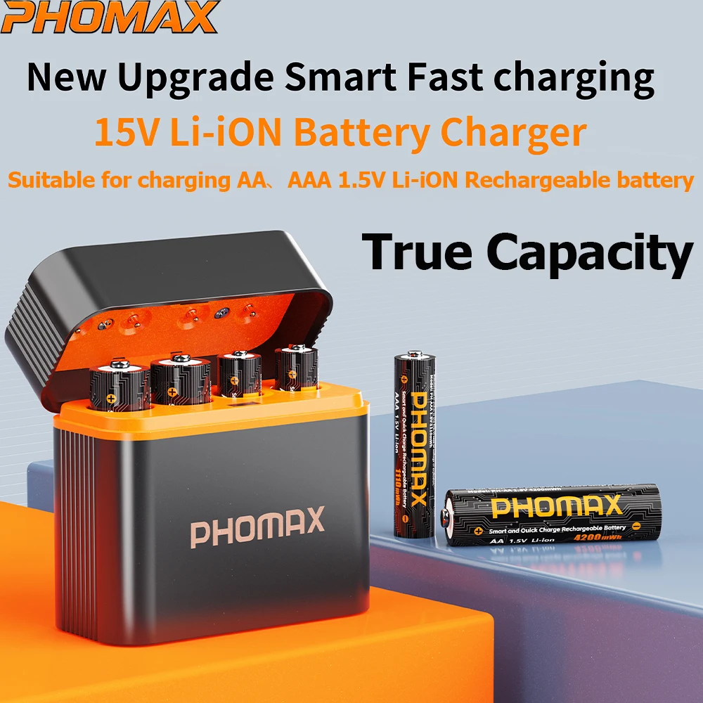 PHOMAX 4 Slots 1.5V AA/AAA Rechargeable Battery Smart Fast Charger AA/AAA 4200mWh 1110mWh Batteries Compatible AA AAA Devices
