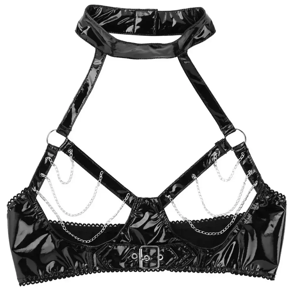 Sutiã sexy de couro em PVC exposto para mulheres, exposição erótica, sutiãs de mamilos, sutiã de látex aberto, tops de couro brilhante com corrente,