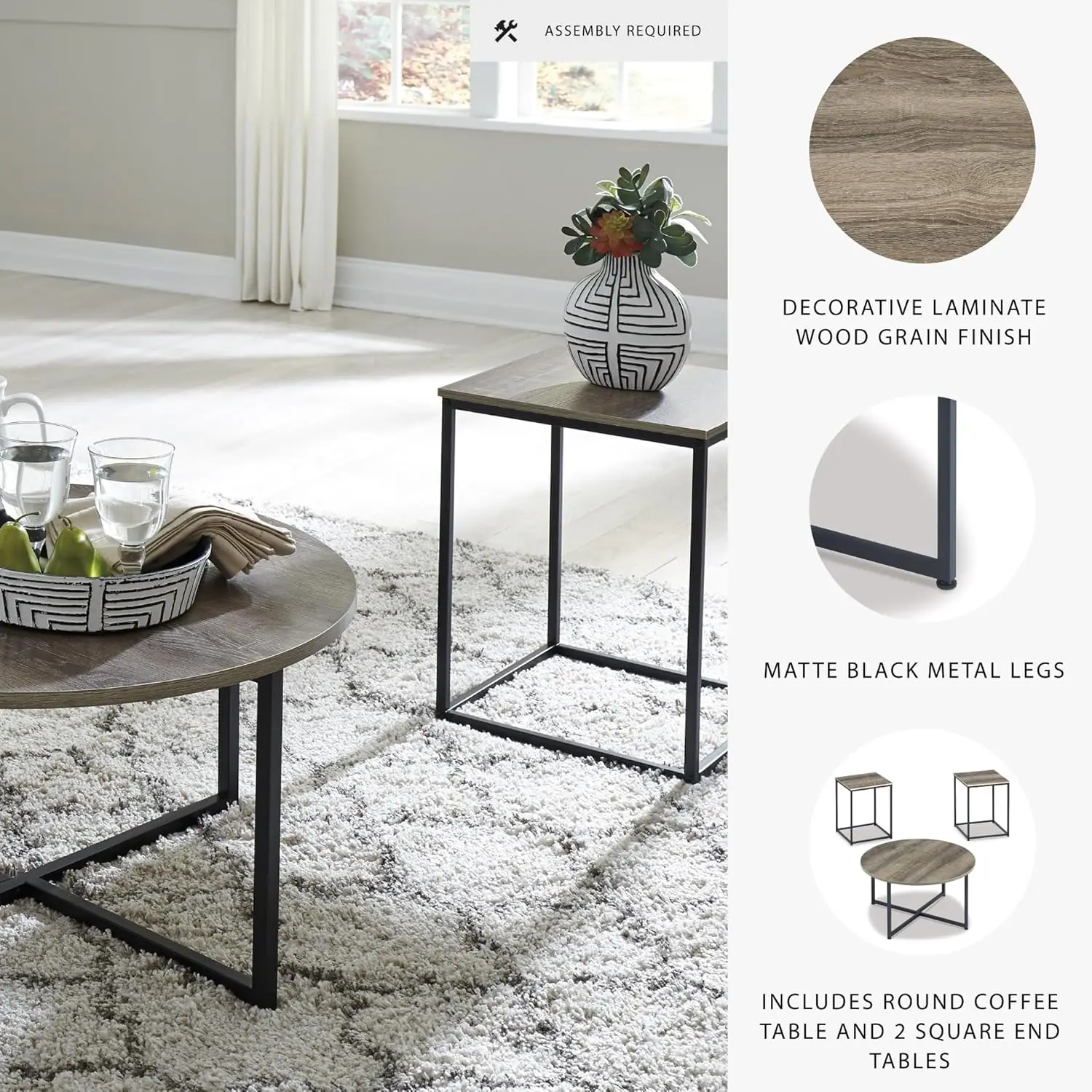 브라운 & 블랙 색상의 어반 우드 그레인 3피스 커피 및 엔드 테이블 세트, 모던 거실 가구